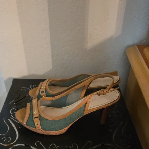 Nine West Tan and Green Slingback Heels - Picture 2 of 5